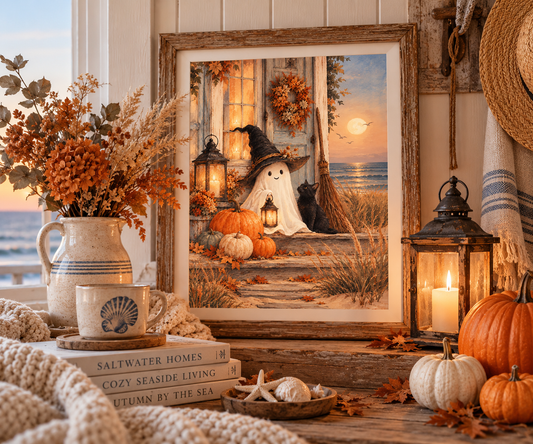 Halloween Poster mit freundlichem Geist im Hexenhut, schwarzer Katze, Kürbissen und Laternen vor einem Strandhaus am Meer bei Vollmond