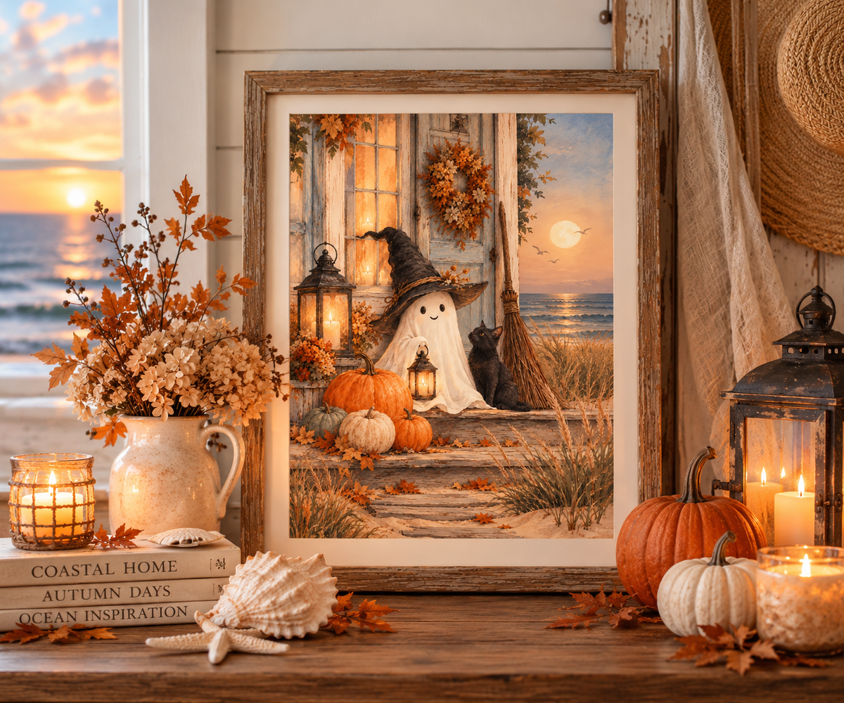 Cozy coastal Halloween printable wall art featuring a friendly ghost, black cat, pumpkins, glowing lanterns and a moonlit ocean
