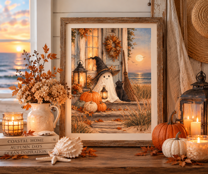 Cozy coastal Halloween printable wall art featuring a friendly ghost, black cat, pumpkins, glowing lanterns and a moonlit ocean