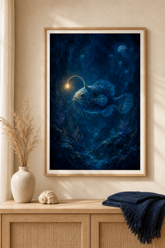 Tiefsee-Anglerfisch Poster im Holzrahmen in einem hellen Coastal-Interieur mit Muschel und dunkelblauer Decke