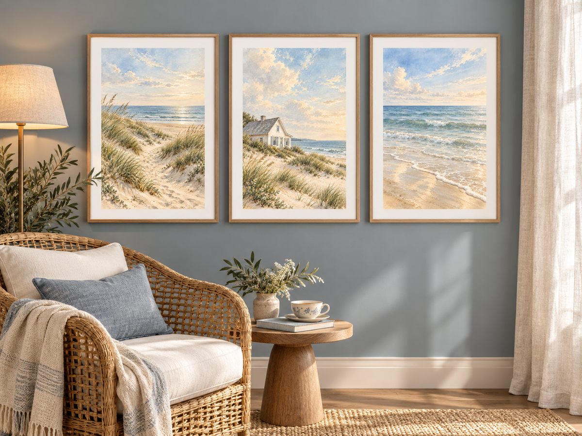 Coastal watercolor gallery wall with three coordinating beach prints