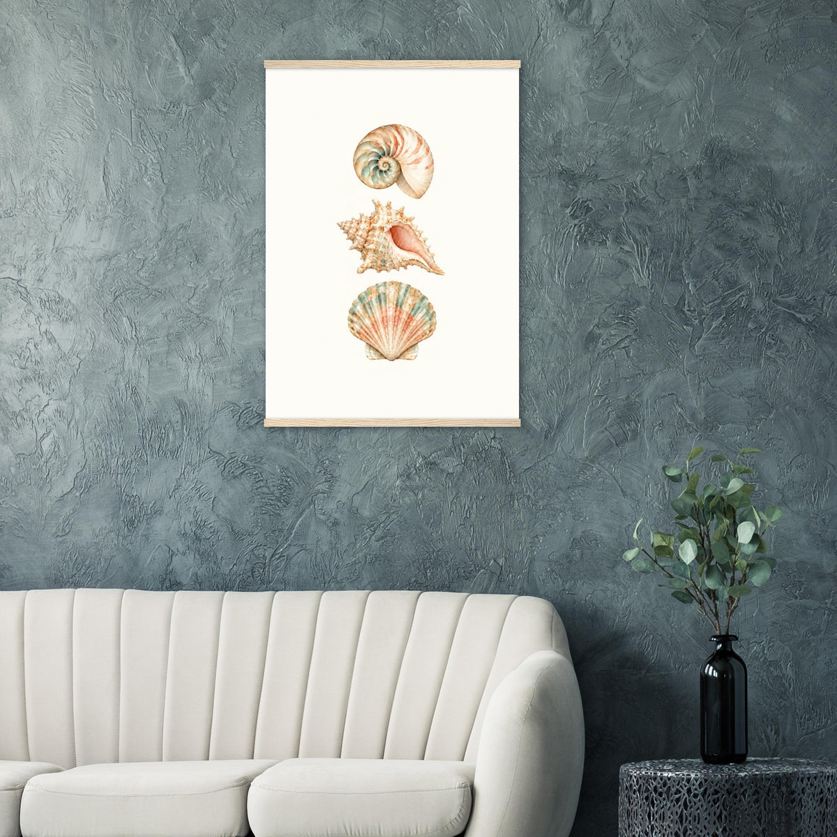 Seashell wall art with magnetic wooden hangers in a cozy coastal bedroom.