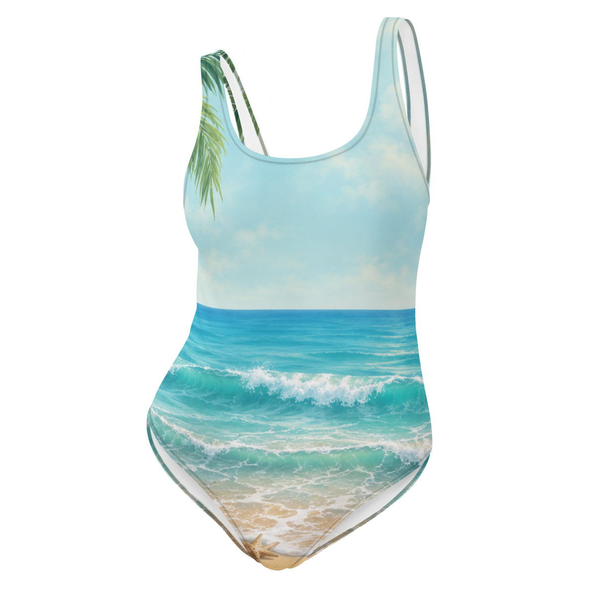 Damen-Badeanzug von Frau Muschel mit türkisblauen Meereswellen, Sandstrand und Palmenmotiv – Vorderansicht.