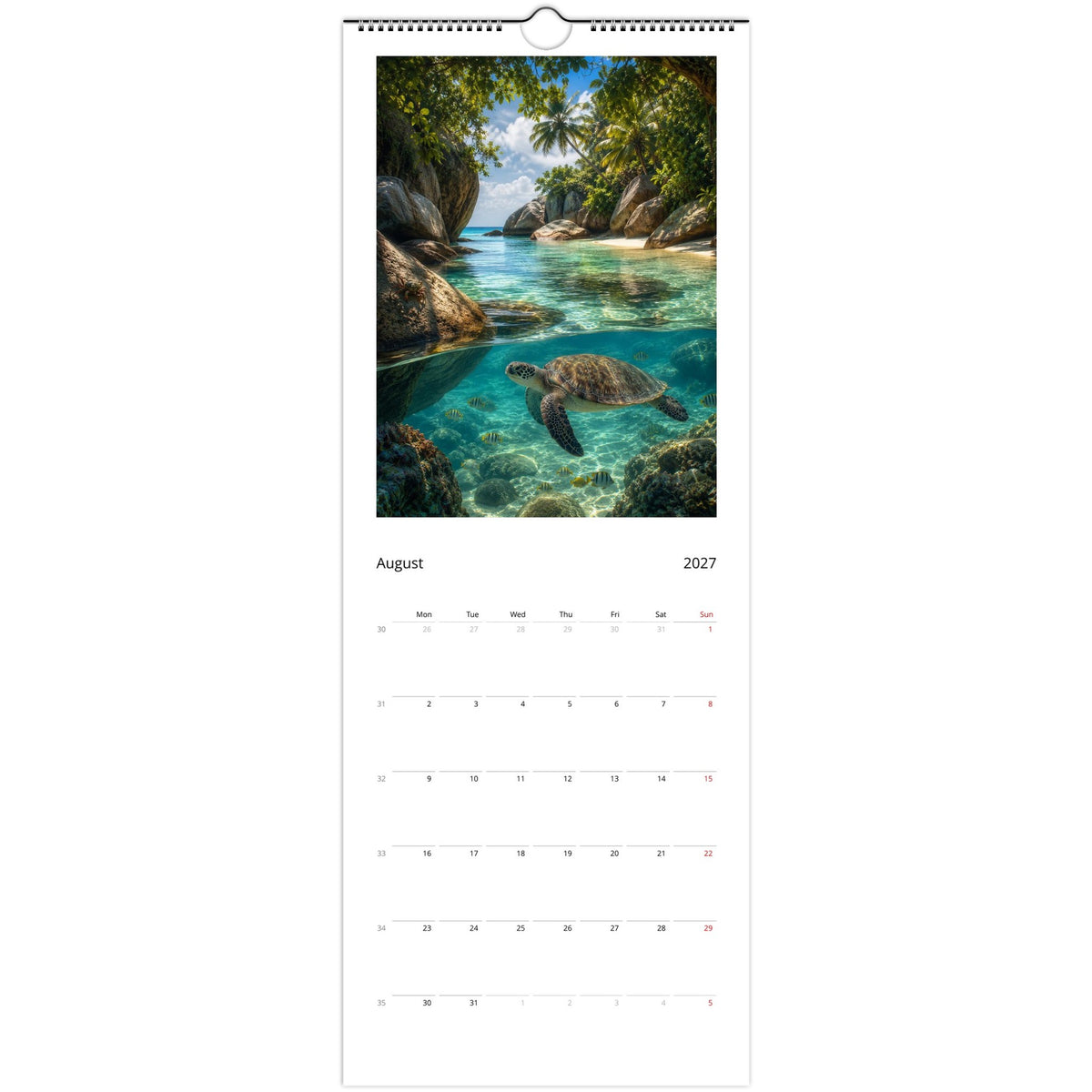 Monthly page of the English 2027 ocean calendar featuring a colorful coral reef and tropical fish
