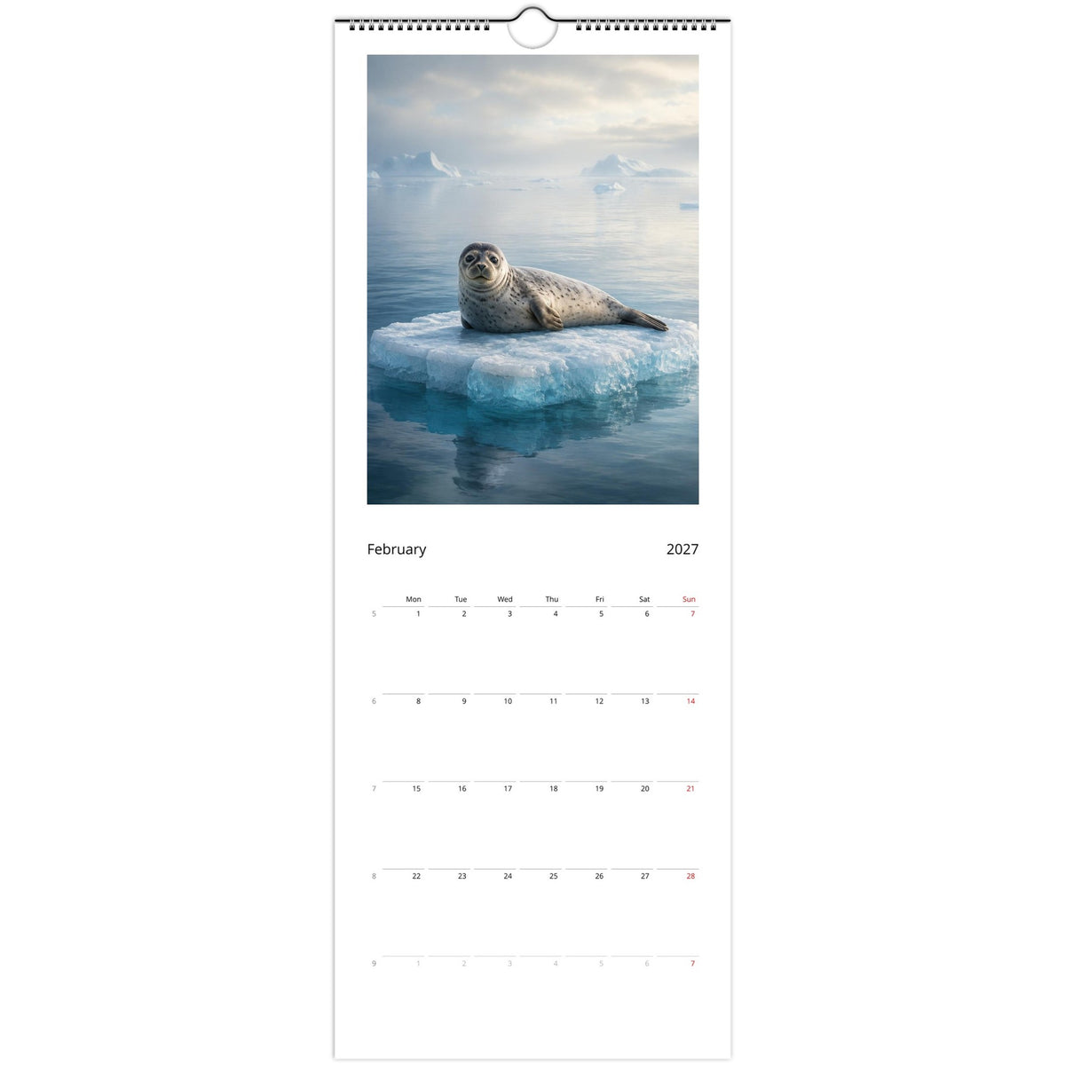 February page of the English 2027 wall calendar featuring a resting seal on an ice floe