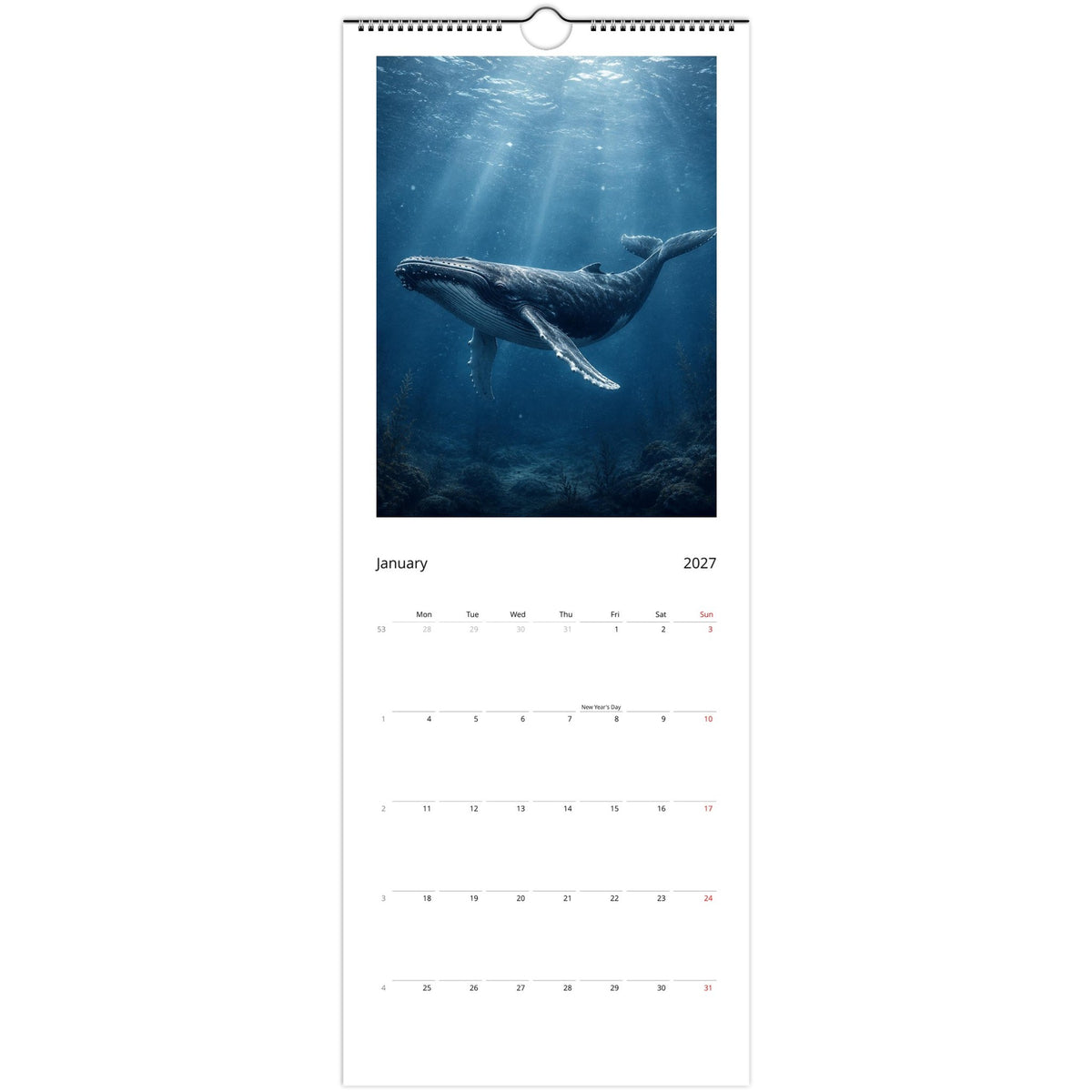 January page of the English 2027 wall calendar featuring a majestic whale in a blue underwater world