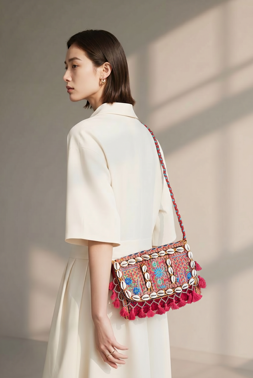 Boho Umhängetasche aus Indien mit Stickerei, Muscheln & Perlen – Handverlesener Ethno Shopper