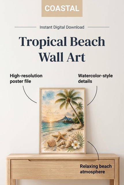 Tropisches Strand-Poster | Aquarell Wandbild mit Palmen | Digitaler Download | Maritime Deko