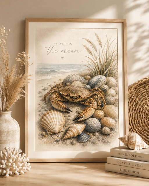 Maritimes Aquarell-Poster mit Krebs und Muscheln | Küsten Wandbild | Digitaler Download