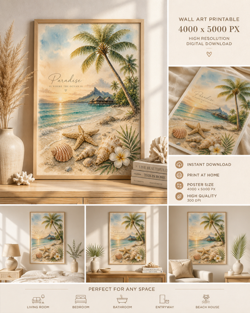 Tropisches Strand-Poster | Aquarell Wandbild mit Palmen | Digitaler Download | Maritime Deko