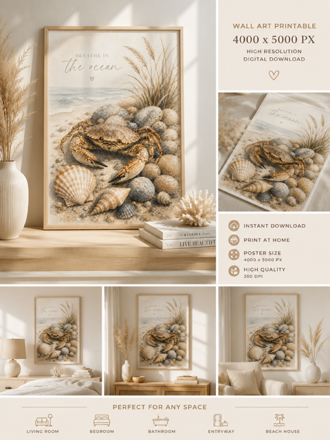 Maritimes Aquarell-Poster mit Krebs und Muscheln | Küsten Wandbild | Digitaler Download