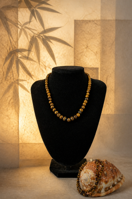 Vintage Tigerauge Halskette aus echtem Tigerauge auf schwarzer Schmuckbüste. Natursteinschmuck mit goldbraunen Tigerauge-Perlen und maritimer Muscheldekoration.
