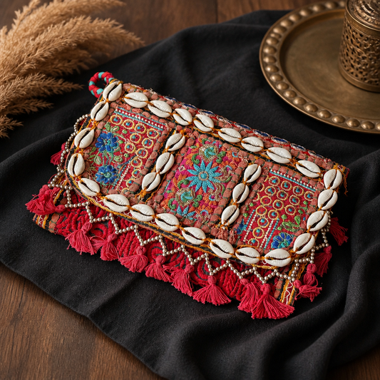 Handbestickte Boho Umhängetasche aus Indien mit Muscheln, Perlen, Quasten und geflochtenem Schulterriemen