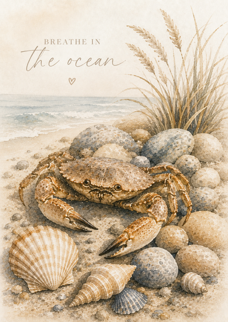 Maritimes Aquarell-Poster mit Krebs und Muscheln | Küsten Wandbild | Digitaler Download