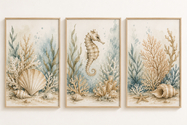 Maritimes Poster-Set mit Seepferdchen und Muscheln | 3er Wandbild Set | Digitaler Download