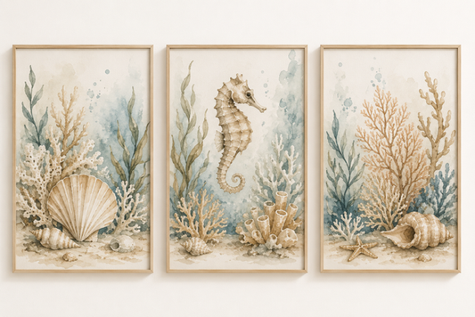 Maritimes Poster-Set mit Seepferdchen und Muscheln | 3er Wandbild Set | Digitaler Download