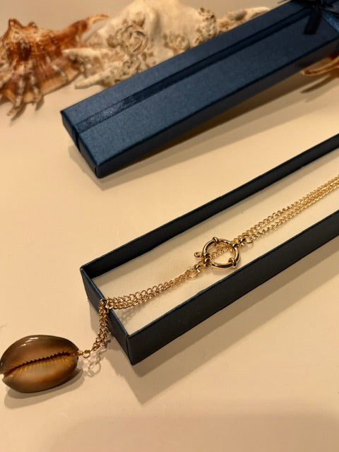 Golden Cowrie shell necklace displayed with a navy blue jewelry gift box and coastal seashells.