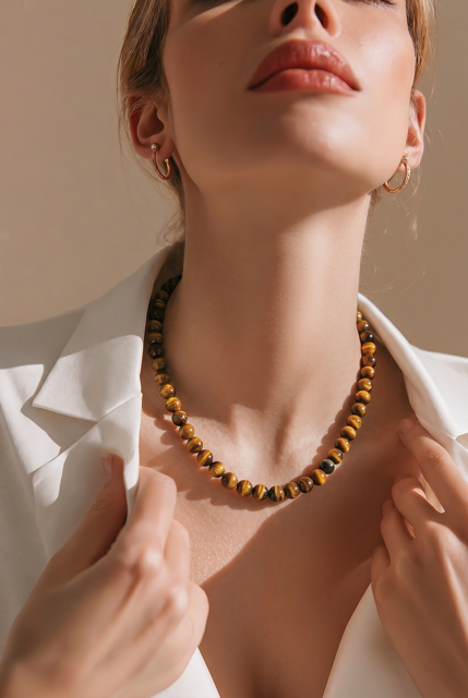 Vintage Tigerauge Halskette aus echtem Naturstein an einem Model getragen. Elegante braun-goldene Tigerauge-Perlen mit zeitlosem Vintage-Charme.