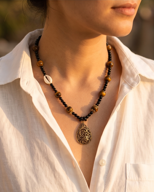 Handgefertigte Tigerauge-Halskette mit Anhänger | Boho Naturstein Statement Kette