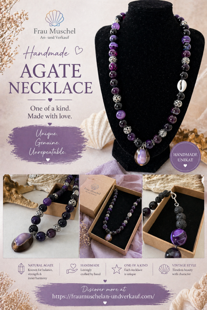 Handmade Purple Agate Necklace with Shells and Lava Beads – Boho Gemstone Jewelry