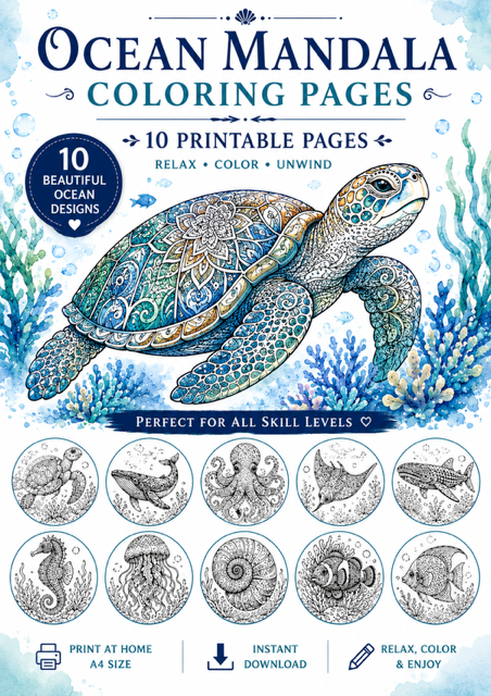 🐚 Ozean-Mandala-Ausmalbuch für Erwachsene | 10 Meerestier-Motive | Druckbare PDF zum Sofort-Download