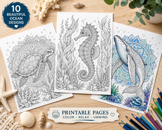 🐚 Ozean-Mandala-Ausmalbuch für Erwachsene | 10 Meerestier-Motive | Druckbare PDF zum Sofort-Download