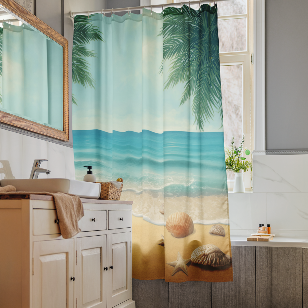 Coastal Beach Shower Curtain with Seashell Design – Tropical Ocean Bathroom Decor