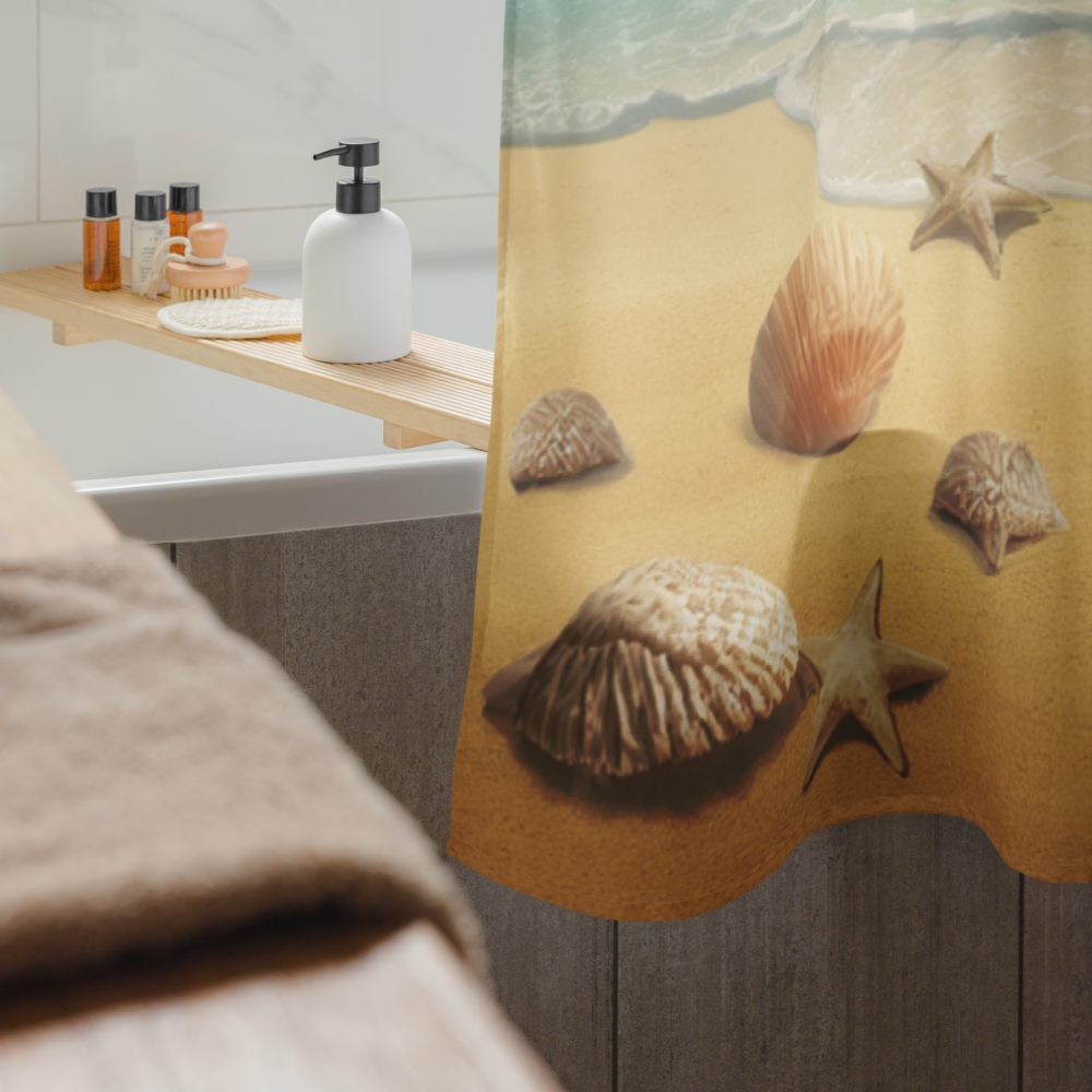 Coastal Beach Shower Curtain with Seashell Design – Tropical Ocean Bathroom Decor