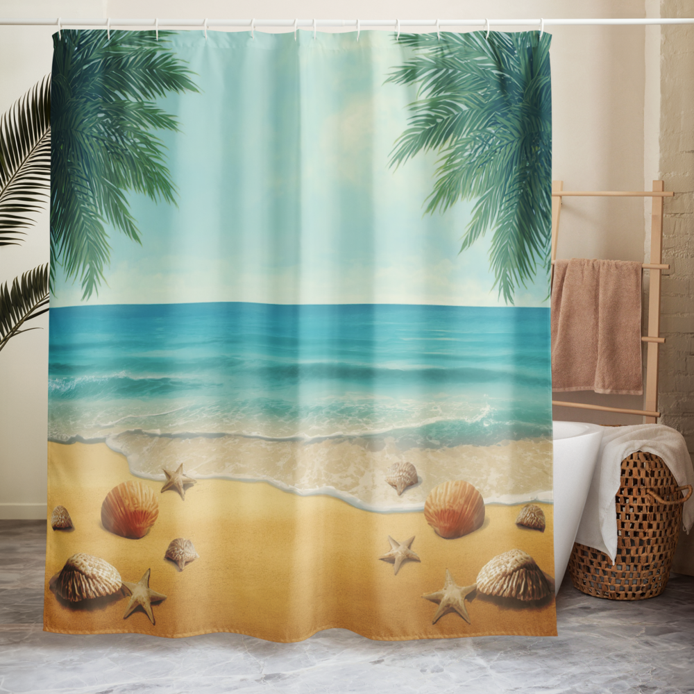 Coastal Beach Shower Curtain with Seashell Design – Tropical Ocean Bathroom Decor