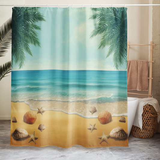 Duschvorhang mit Strand- und Muschelmotiv | Maritimes Badezimmer im Coastal Stil