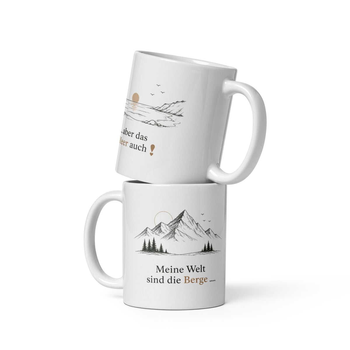 Weiße Keramiktassen in verschiedenen Größen mit Berge-und-Meer-Motiv und deutschem Spruch